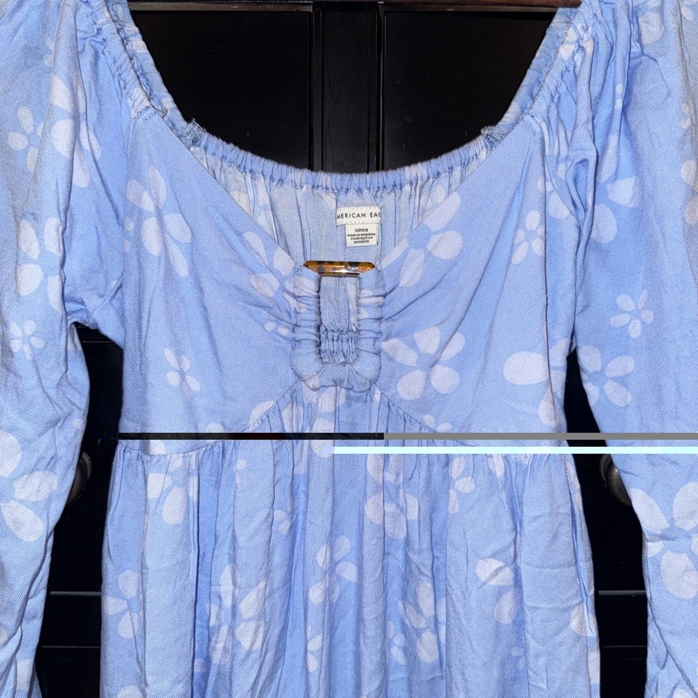 American Eagle Size Small Blue Floral Long Sleeve Babydoll Mini Dress Tortoise - Picture 3 of 5